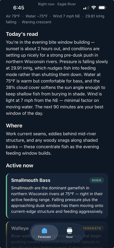 FishingAdvisor app showing Today's read: an evening bite window building on Eagle River